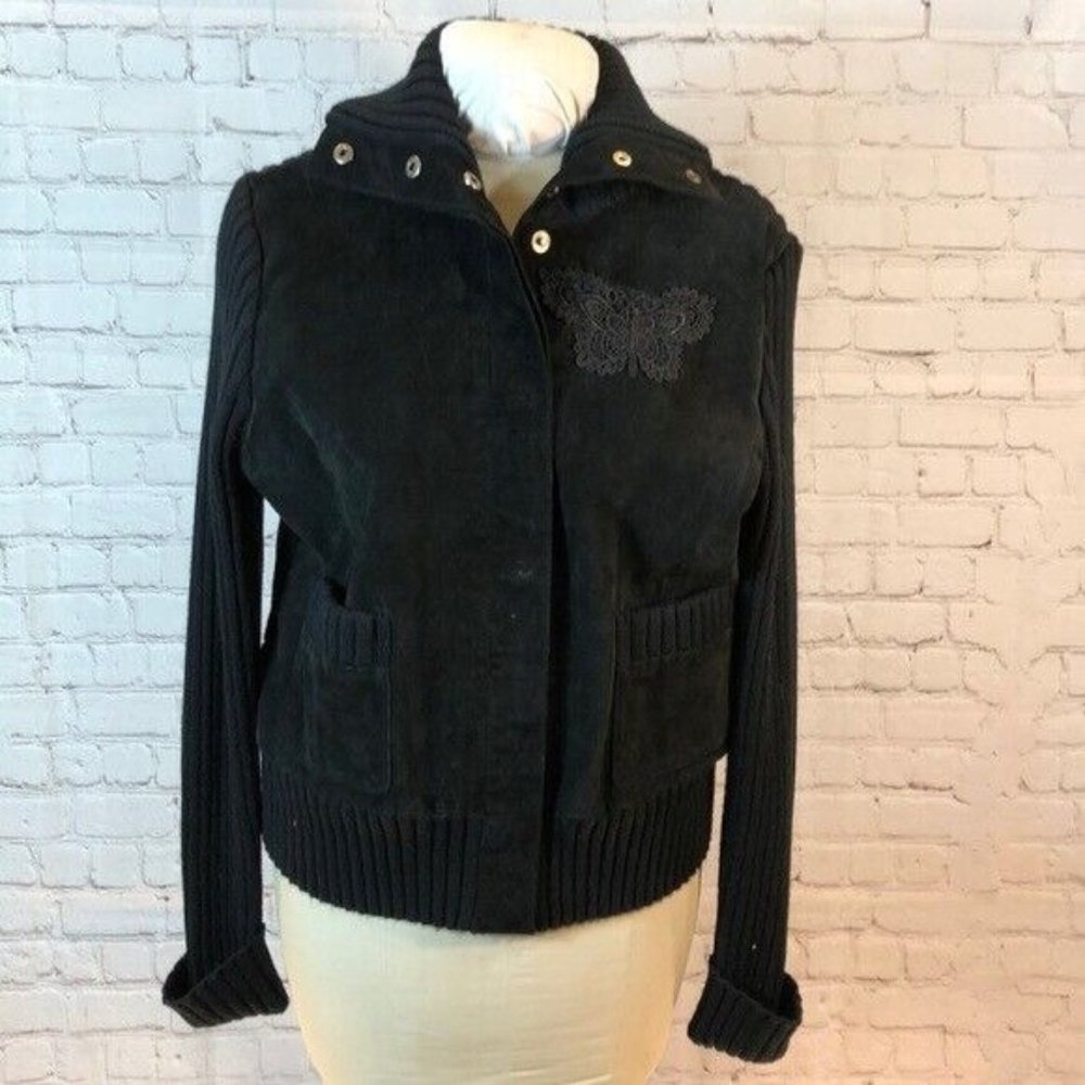 High Sierra Sweater Jacket Black suede Leather Coat Snaps XL
